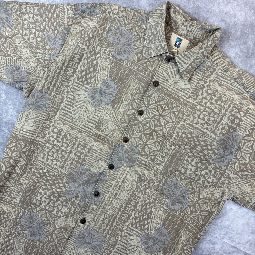 Kahala Hawaiian Shirt Mens L Beige Floral Linen All‎ Over Print Vintage S/S FLAW